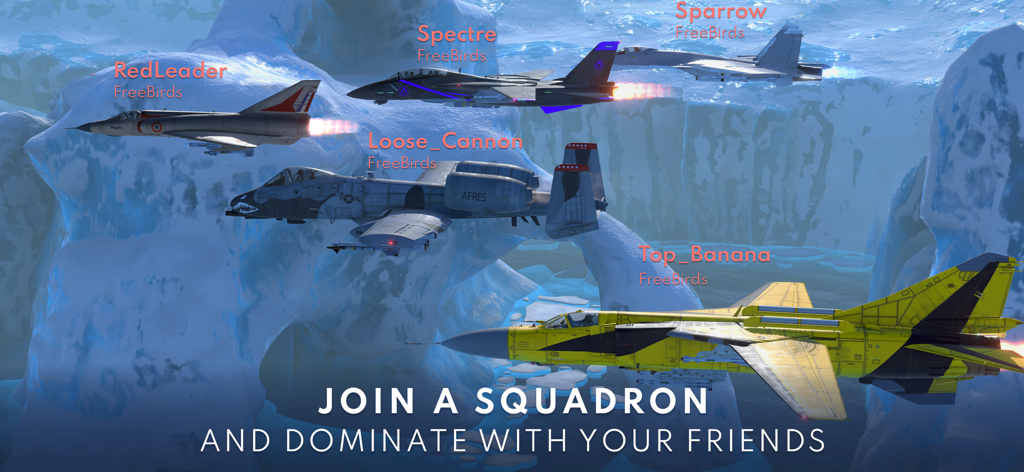 Five fighter jets from the FreeBirds squadron flying together over an icy landscape in Metalstorm