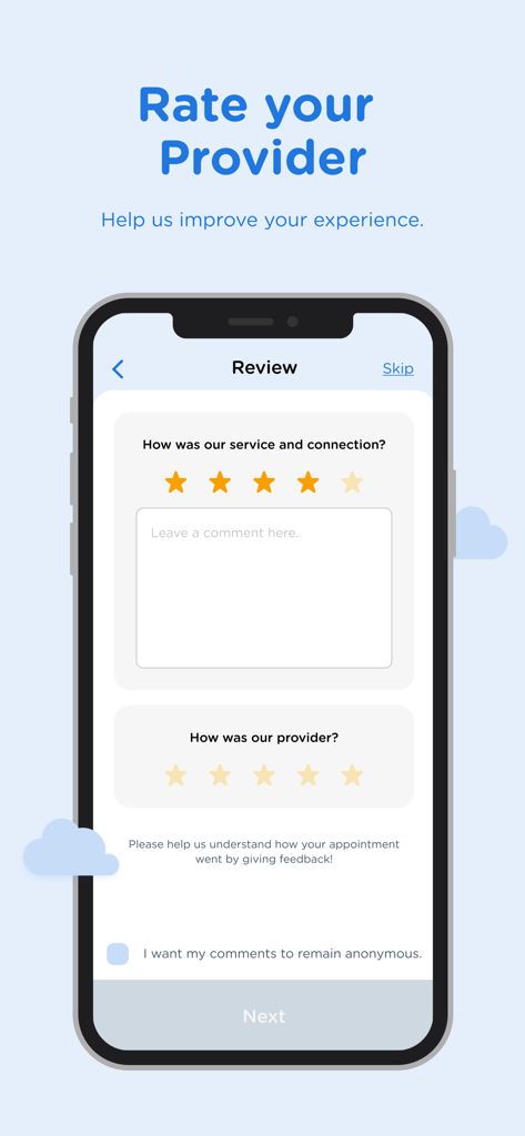 Pantalla de revisión en la aplicación Ooca para calificar a los proveedores de servicios de salud mental
