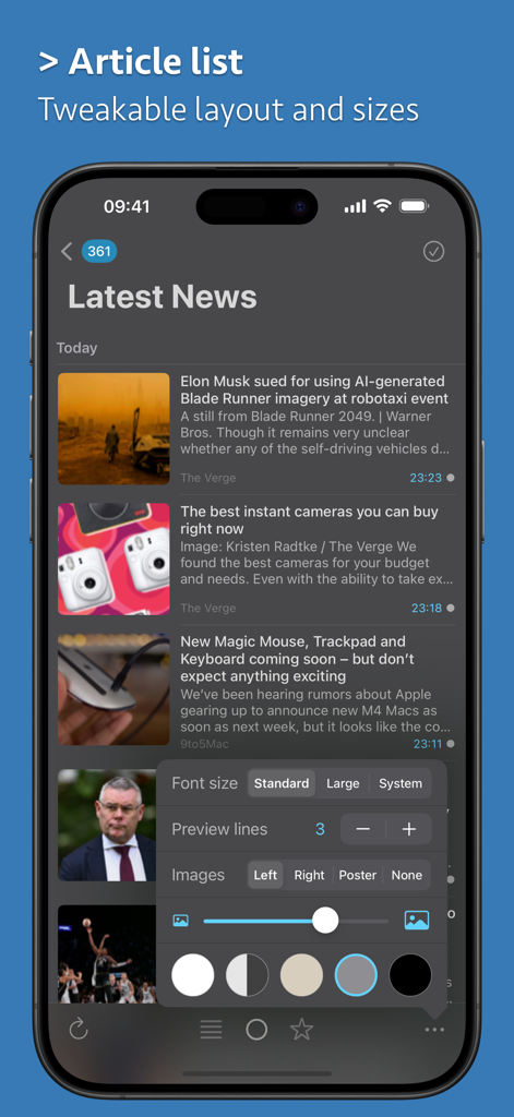News Explorer article list with layout and font size customization settings