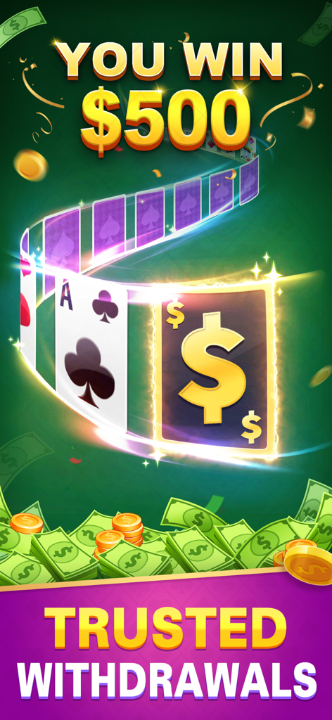 Solitaire Win Cash app screen showing a five hundred dollar win and trusted withdrawals with cash and card graphics