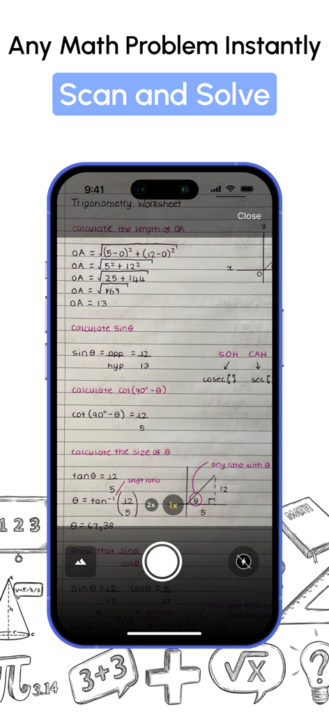 Math Homework Helper: AI Chat - Smartphone scanning a handwritten trigonometry worksheet using the scan and solve feature of the math homework helper app