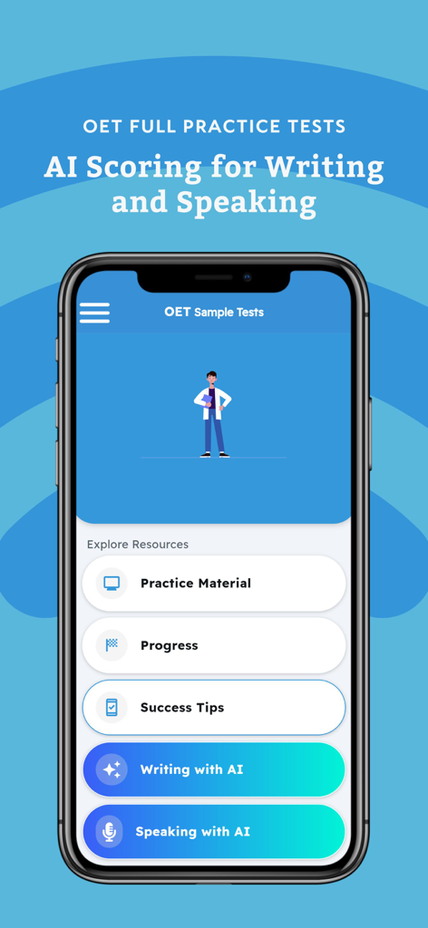 OET Sample Tests - OET Sample Tests app interface showing study resources and AI scoring for writing and speaking