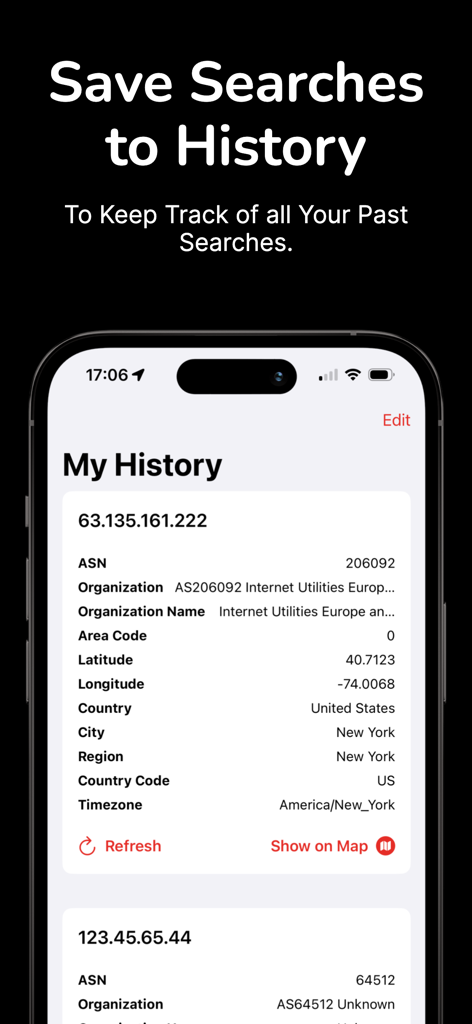 Pantalla de historial de búsqueda de la aplicación IP Finder y Tracker que muestra información detallada de la dirección IP para Nueva York, EE. UU.