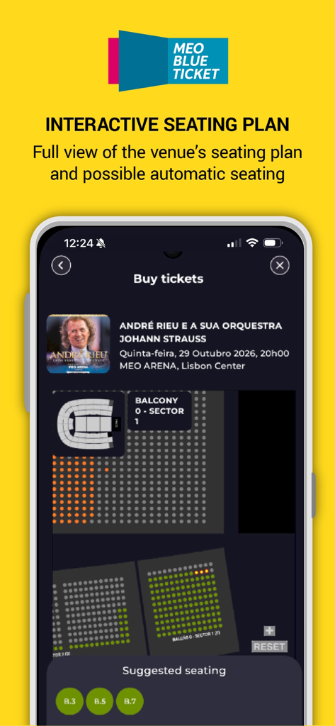 MEO BLUETICKET - MEO BLUETICKET app interface showing an interactive seating plan for selecting concert tickets