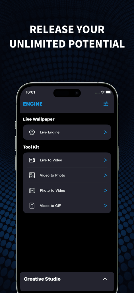 Wallpaper - Live Engine - Interface de l'application Wallpaper Live Engine montrant les fonctionnalités de la boîte à outils pour la conversion vidéo et photo.