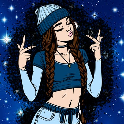 realistic teenage girl with braids and a beanie and crop top doing 🫶🏼