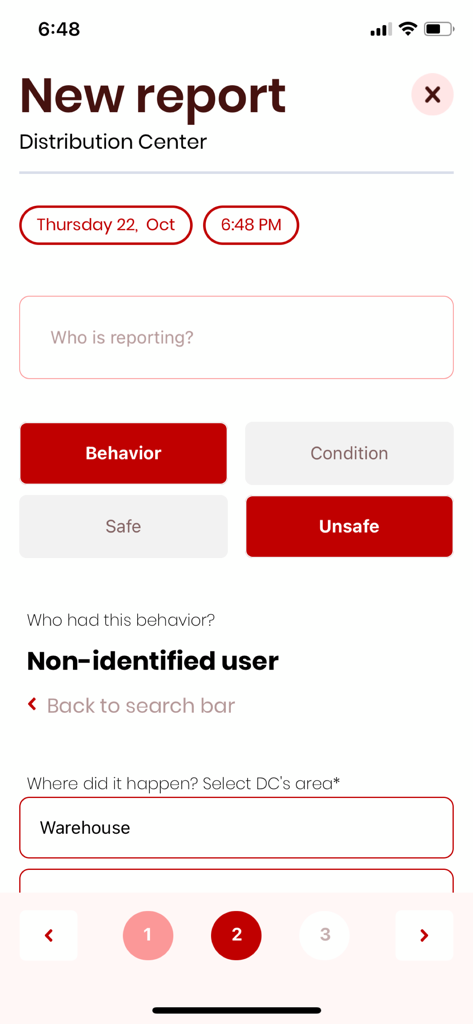 Safety 360 - ABInBev - Pantalla de la aplicación móvil Safety 360 para informar un comportamiento inseguro en un centro de distribución de almacén