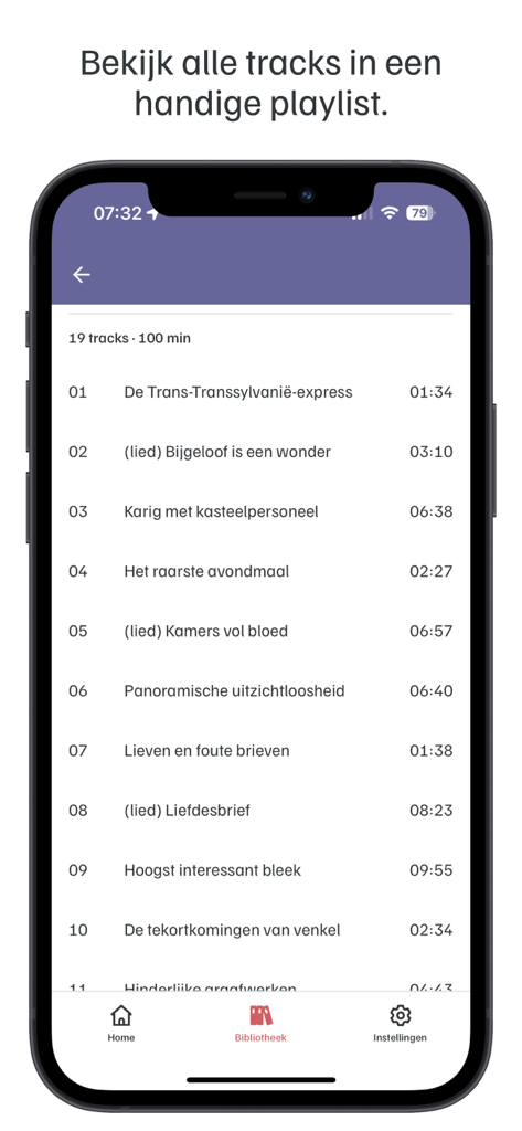 Uma lista de faixas numa lista de reprodução dentro da aplicação de drama de áudio Geluidshuis