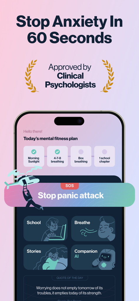 Anxiety Relief: Calmer - Pantalla de inicio de la aplicación Calmer que muestra un plan diario de aptitud mental y un botón SOS para detener ataques de pánico.