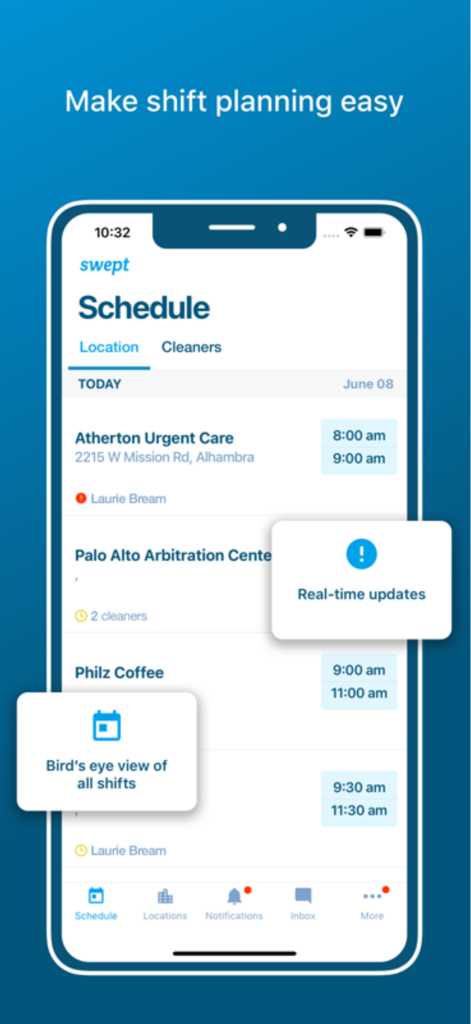 Swept Mobile - Swept Mobile app interface showing a cleaning schedule with real-time shift updates and location details for janitorial teams.