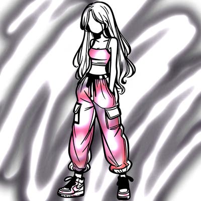 girl in baggy pants crop top and long hair