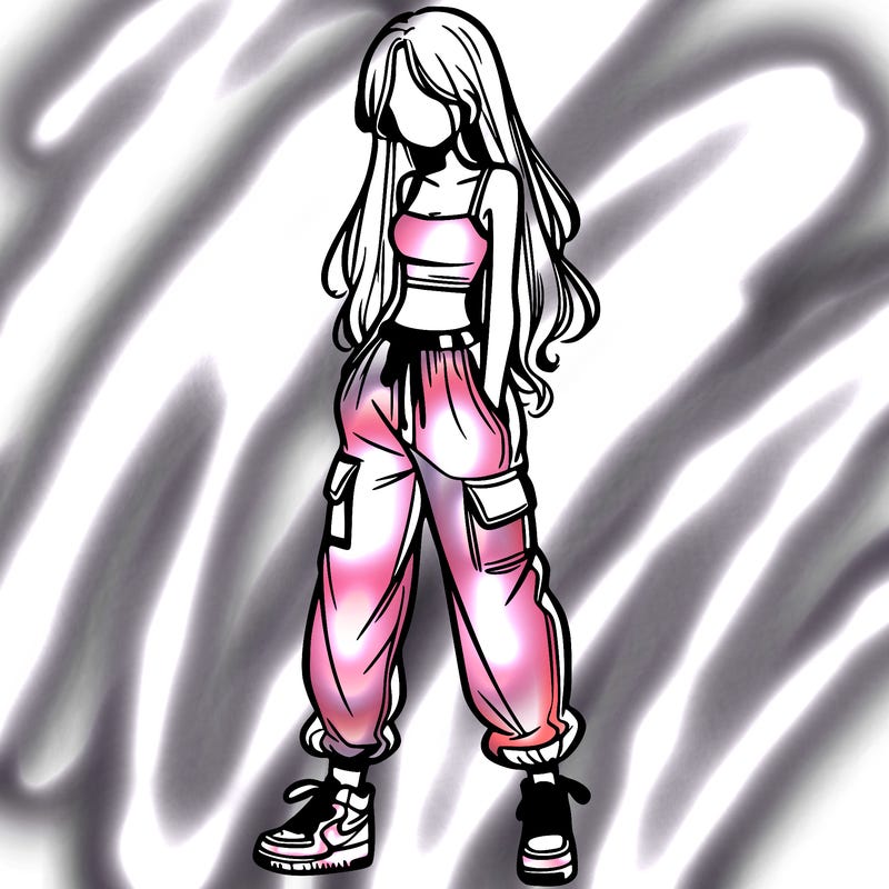 girl in baggy pants crop top and long hair