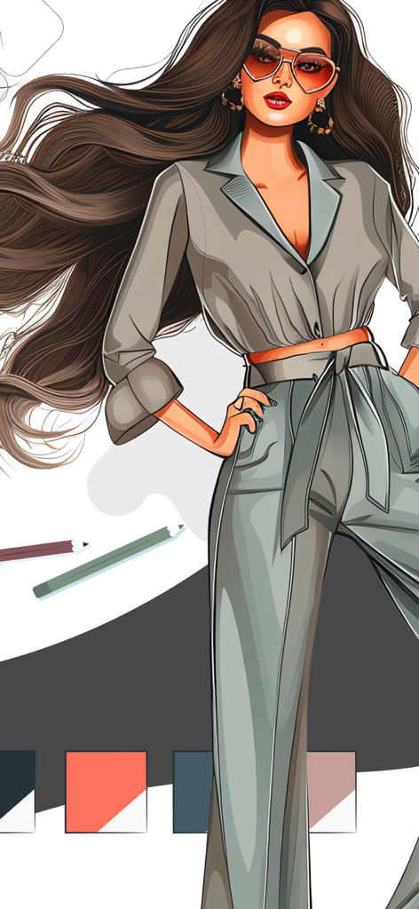 A professional digital fashion illustration of a stylish woman in a gray jumpsuit with long flowing hair