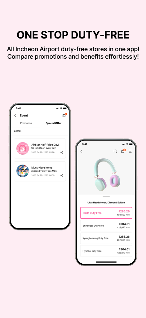 Incheon Airport Duty Free Shop - Mobile screens showing special offers and price comparisons for duty free shopping at Incheon Airport