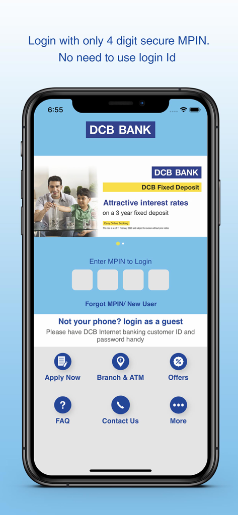 DCB Bank Mobile Banking - DCB Bank mobile banking app login screen showing a secure four digit MPIN entry field and investment offers.