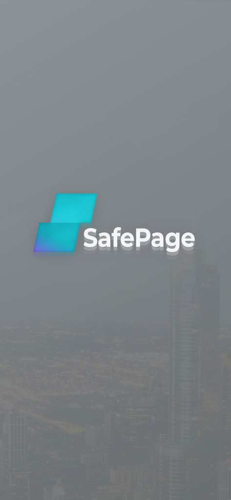 Safe Page Web Browser splash screen with logo and blurred cityscape background