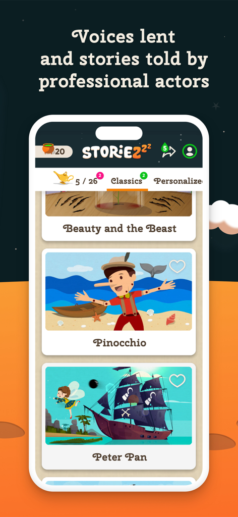 Storiezzz: Kids Fairy Tales - Biblioteca de la aplicación Storiezzz que muestra cuentos de hadas narrados clásicos, incluyendo Pinocho y Peter Pan