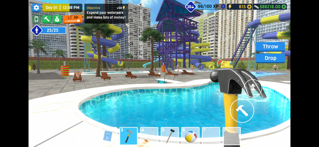Vista in prima persona della gestione di un parco acquatico con un martello e una piscina