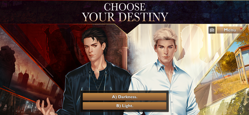 Is It Love FallenRoad에서 천사와 악마 캐릭터가 등장하는 어둠과 빛 사이의 선택.