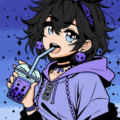 hot baddie anime girl drinking boba and biting the straw