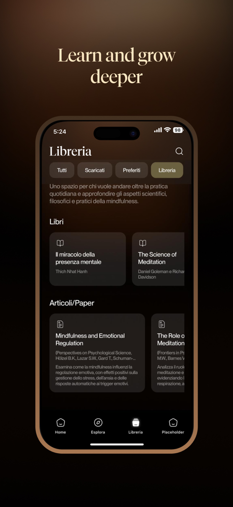 Anapana Mindfulness Studio app library featuring curated scientific articles and books for deeper meditation practice