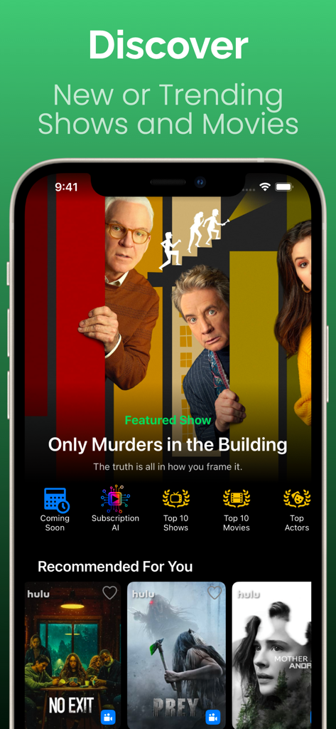 Originals for Hulu - Una interfaz de aplicación móvil que muestra programas destacados y películas de tendencia con un enfoque en Only Murders in the Building
