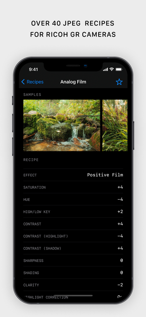 Ricoh Recipes — JPEG Settings - Captura de tela do aplicativo Ricoh Recipes mostrando configurações detalhadas da câmera JPEG para um visual de filme analógico, incluindo ajustes de saturação e contraste.