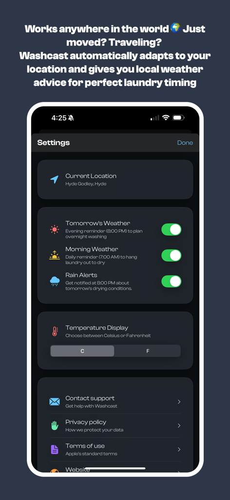 Washcast - The settings screen of the Washcast app showing notification options for laundry weather alerts and location settings