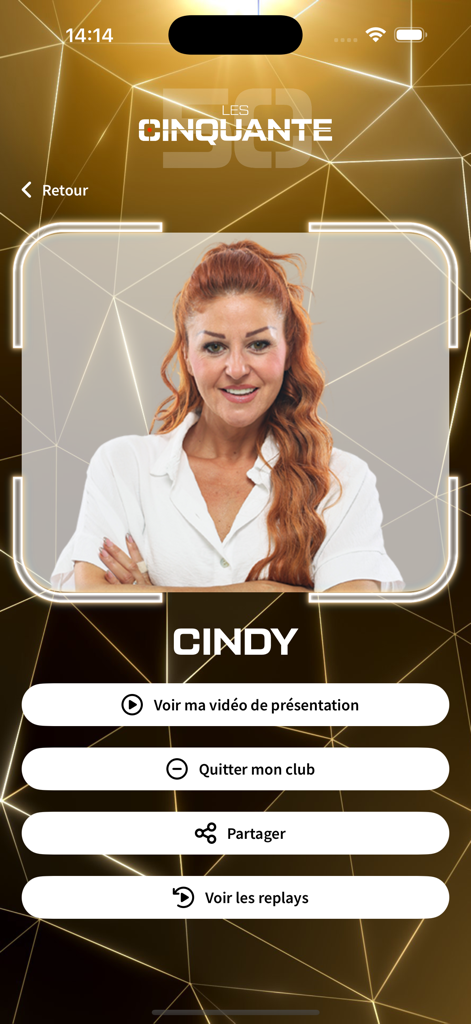 Página de perfil do participante para Cindy no aplicativo móvel Les Cinquante, apresentando opções interativas e uma interface de associação de clube