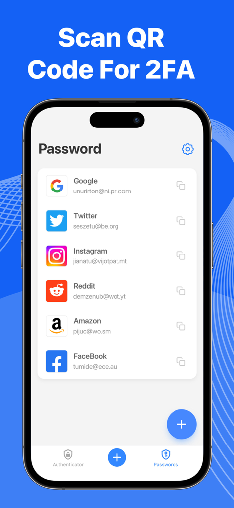 Authenticator App++ - iPhone-Screenshot, der die Passwortmanagement-Liste in der Authenticator App++ zeigt, mit Konten für Google, Twitter und Instagram