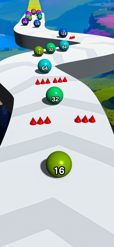 Ball Run :number master 2048 - Una pista serpenteante 3D con bolas numeradas y obstáculos de pinchos rojos en un juego de corredor de fusión