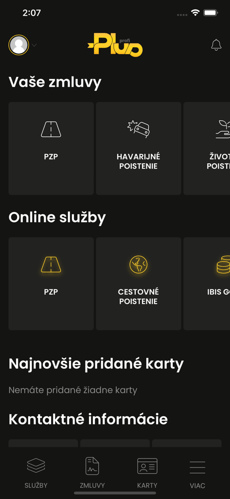 Pluska - Dashboard of the Pluska finance app showing sections for insurance contracts and online services
