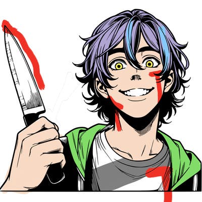 teenage realistic guy with long ish hair holding a knife and has a big grin