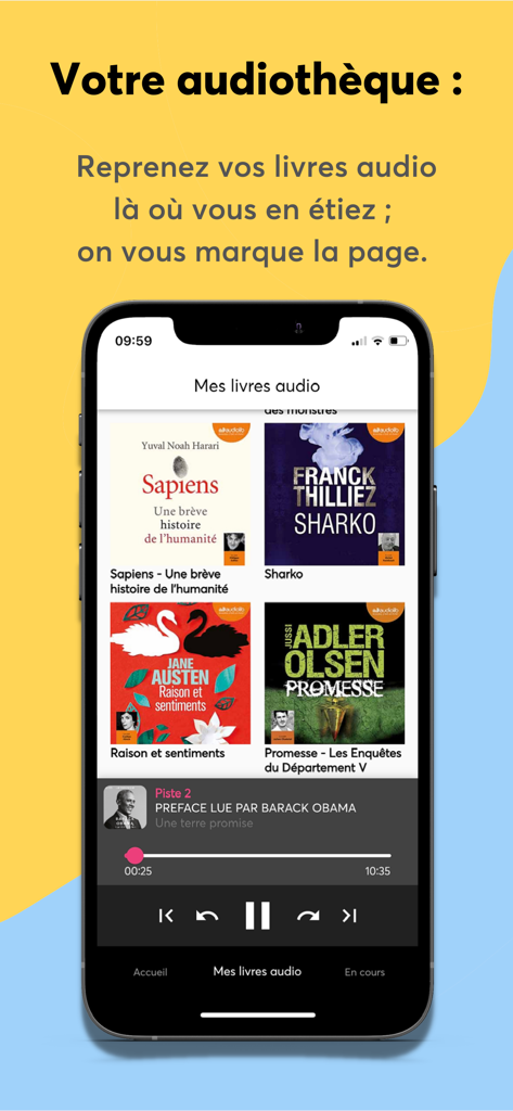 Interface of Book d Oreille app showing a library of audiobooks on an iPhone