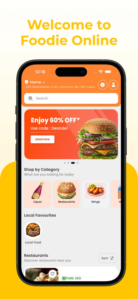 Pantalla de inicio de la aplicación Foodie Online Delivery mostrando un banner de descuento del 60 por ciento y categorías de alimentos para usuarios en Canmore