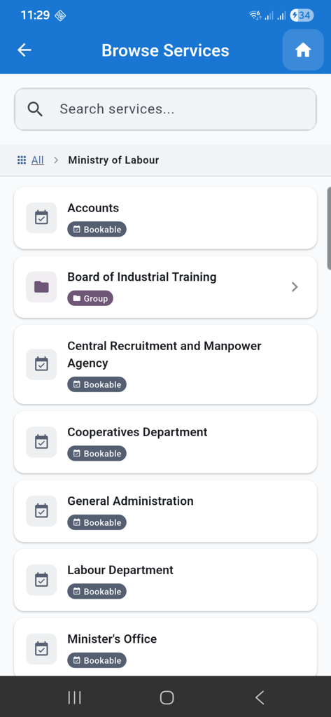 Aplicación GovConnect - GY que muestra una lista de servicios gubernamentales reservables para el Ministerio de Trabajo