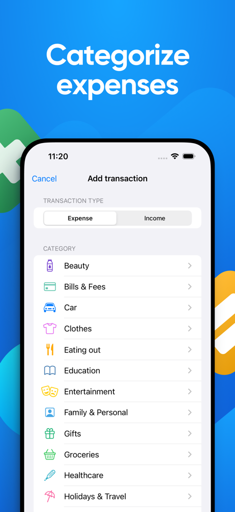 Vertly - Daily expense tracker - Interface do aplicativo Vertly mostrando uma lista de categorias de transações como beleza e contas