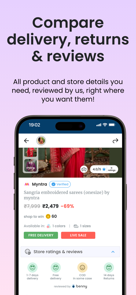 benny: AI fashion search - Screenshot of benny app interface comparing delivery returns and reviews for a fashion product