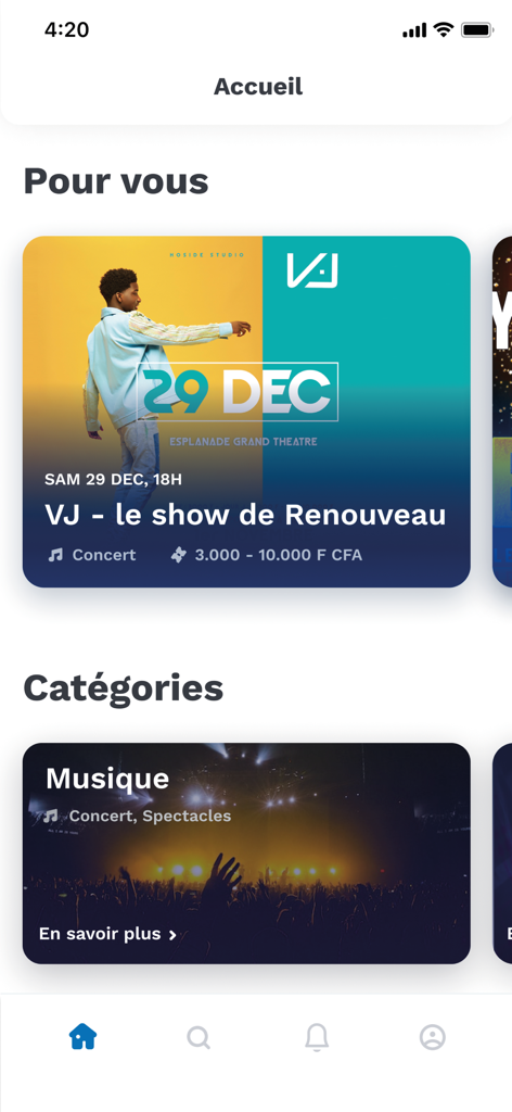 Gnudem - Gnudem app home screen featuring a music concert and event categories