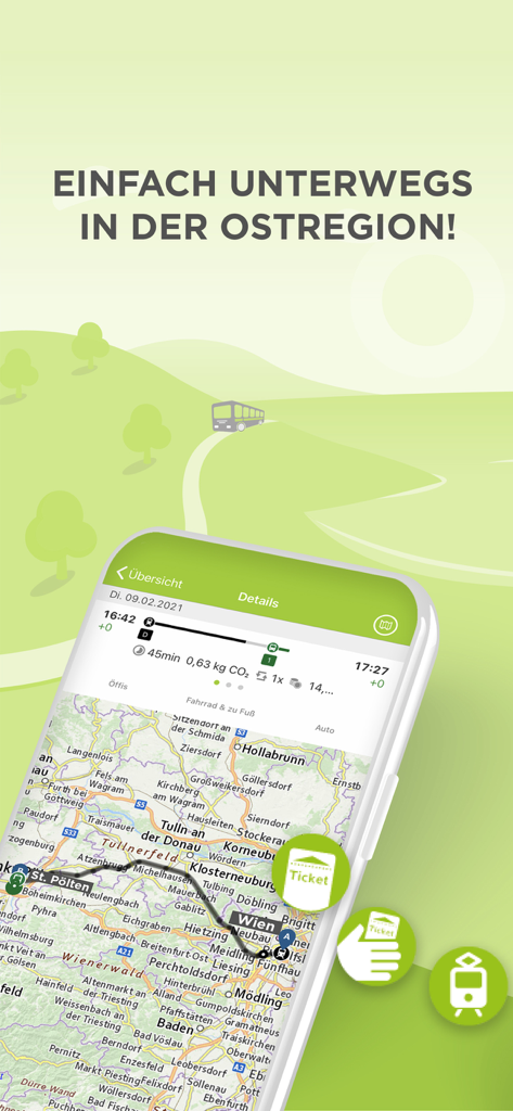 VOR AnachB - Tickets & Route - A smartphone screen displaying the VOR AnachB app with a public transport route map of Eastern Austria.