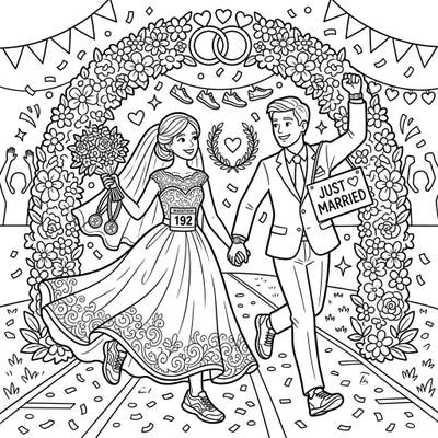 Lace up your pencils for this heartwarming coloring page featuring marathon runners celebrating their wedding day. This unique design beautifully combines the joy of marriage with the thrill of the race, perfect for sports and romance fans alike.