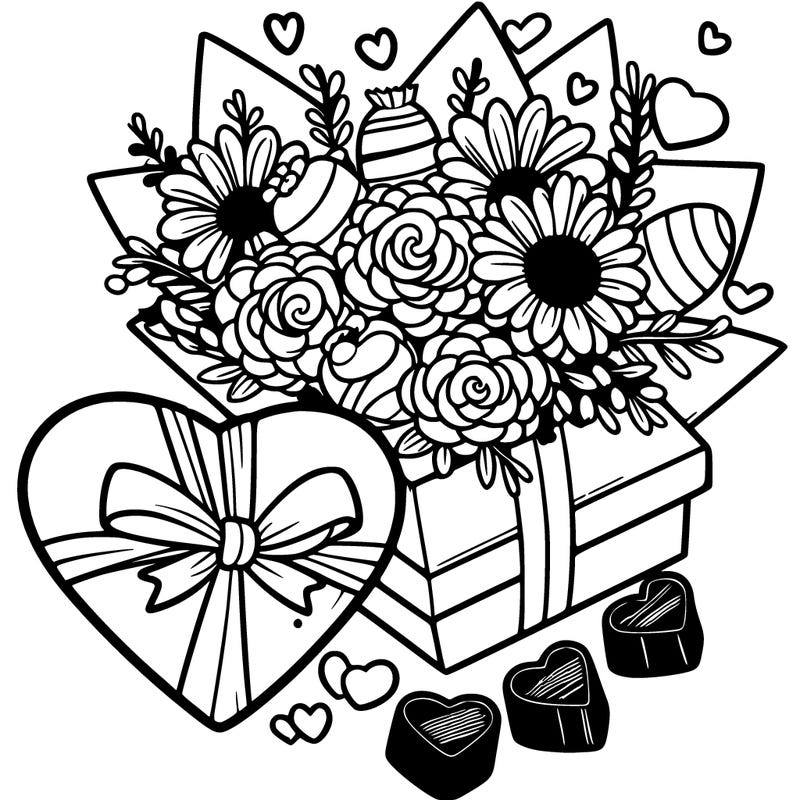 a heart flowers, and chocolates