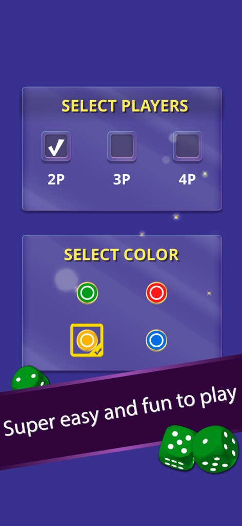 A menu screen for selecting the number of players and the token color in the Ludo mobile app