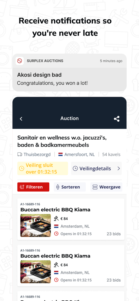 Interfaccia dell'app Aste Surplex che mostra una notifica di vincita e vari elenchi di attrezzature industriali.