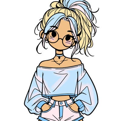 girl with a messy ponytail glasses a baggy crop top and jean shorts