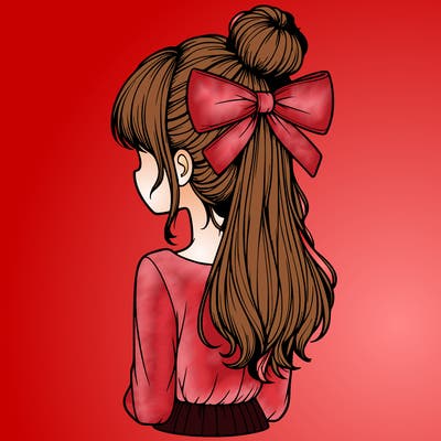 realistic girl  with hip length hair a bun and a big bow on the back of head