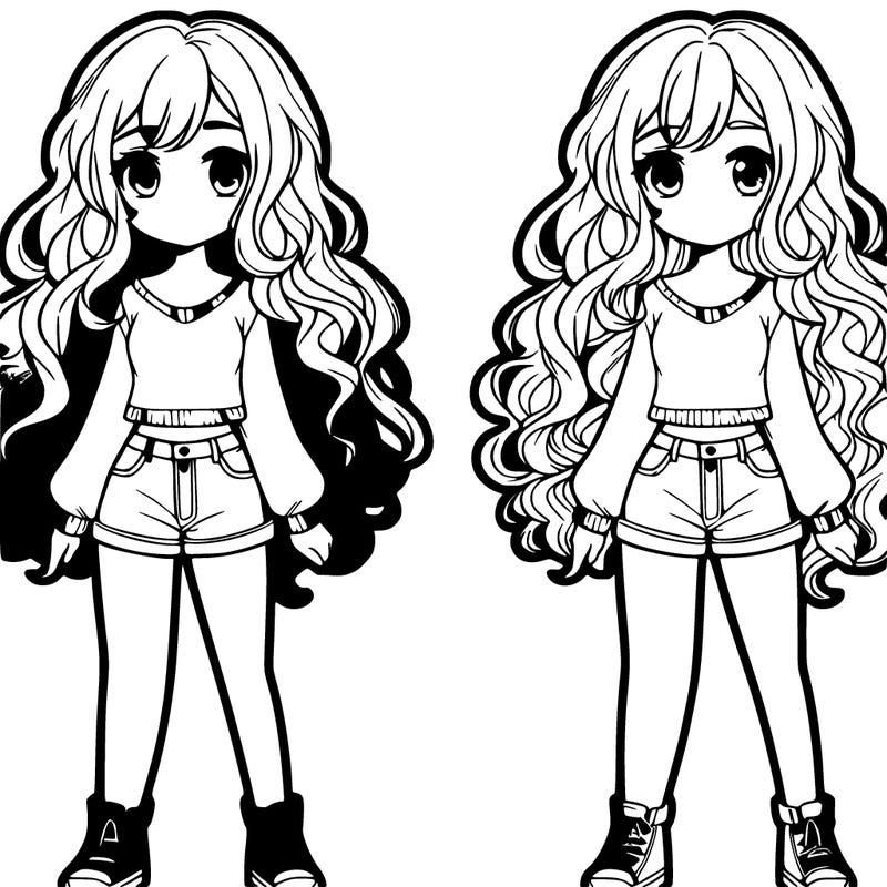 long hair curly anime girl with jeans and a short shirt
