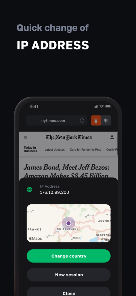 Buddy Onion: Tor Browser & VPN - Interfaz que muestra cómo cambiar rápidamente tu dirección IP y país en la aplicación Buddy Onion.