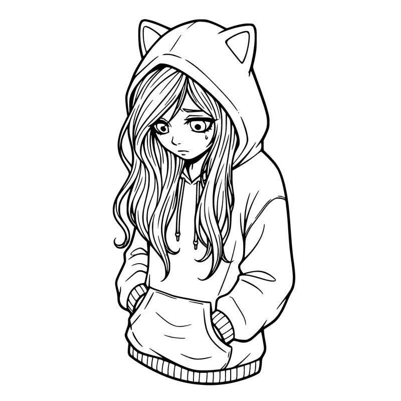 depressed emo girl wearing a cat ear sweatshirt and has long hair