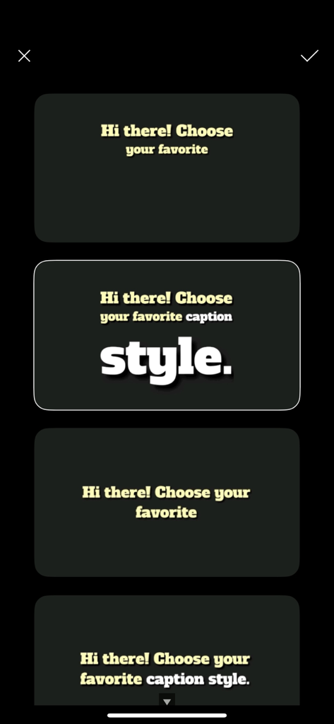 동영상 편집을 위한 다양한 폰트 및 캡션 스타일 옵션을 표시하는 Filmmaker Pro 앱의 메뉴